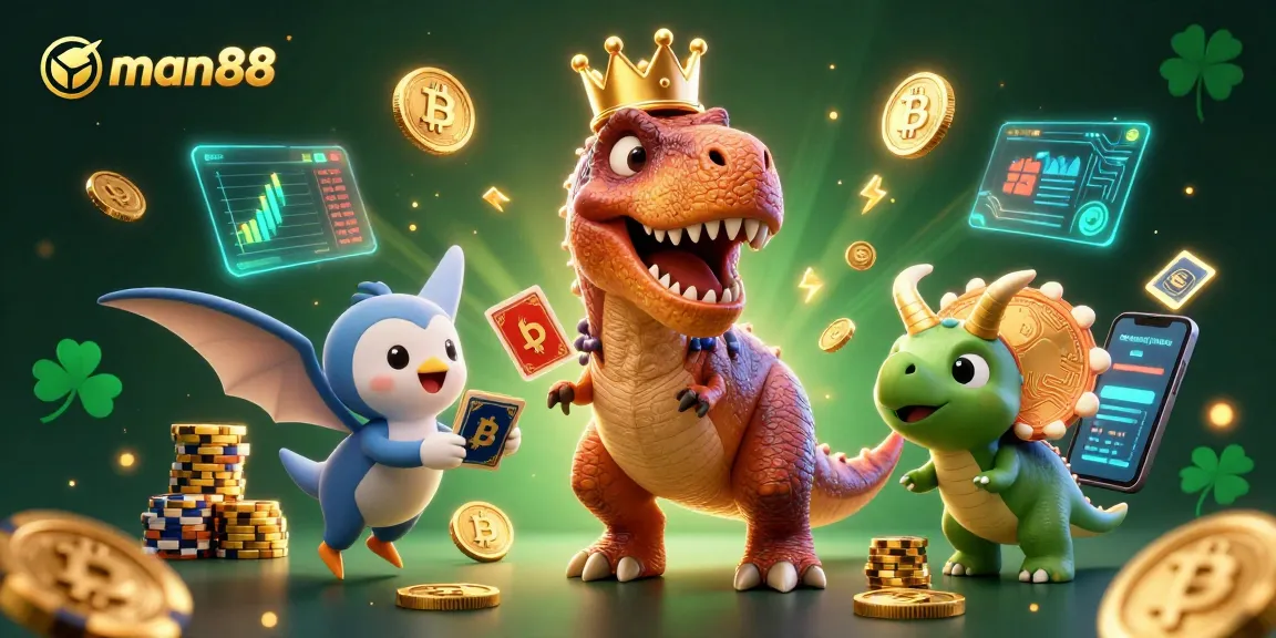 Engage with man88 by witnessing a T-Rex and friends in a vibrant 3D casino scene.