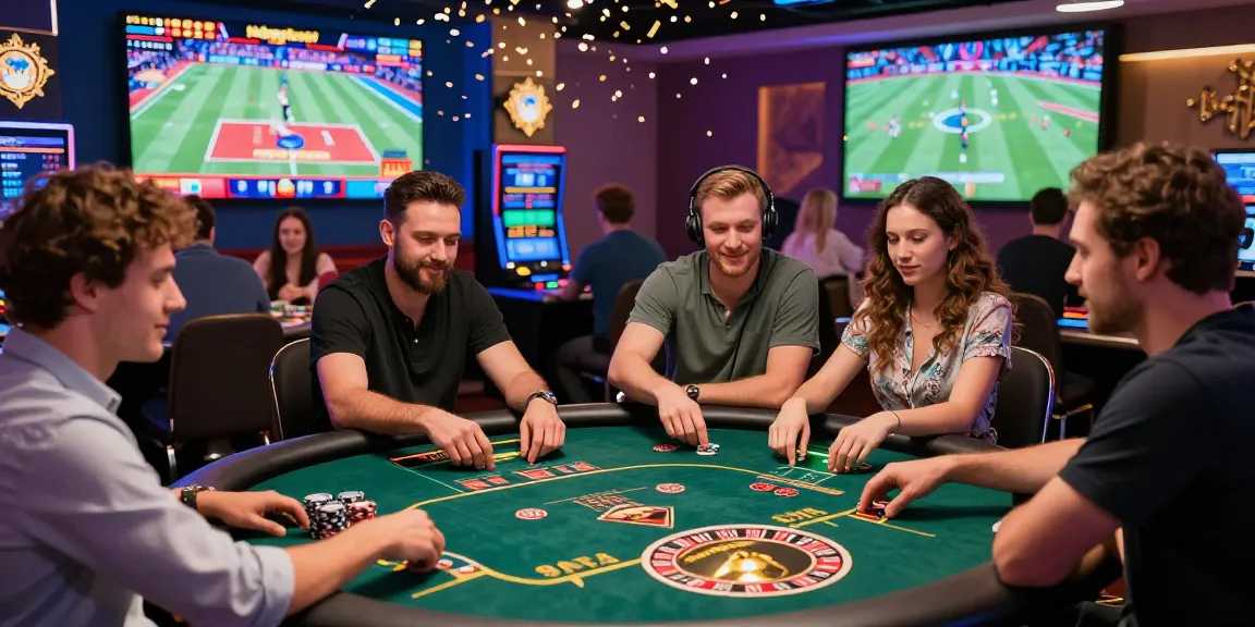 Exciting Happyluke online casino scene with diverse players engaged in games, celebrating wins.