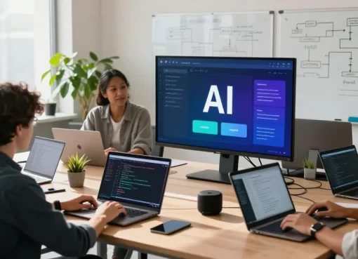 Building internal tools with AI in a collaborative workspace with diverse professionals using modern technology.