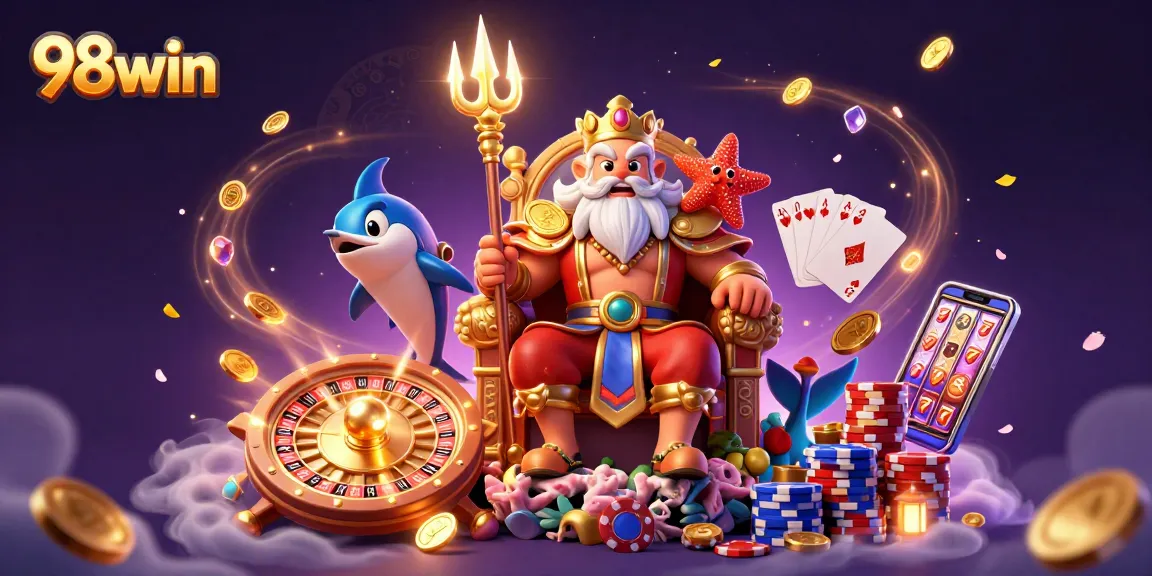 Experience the thrill of 98win with vibrant casino elements and characters in an exciting scene.