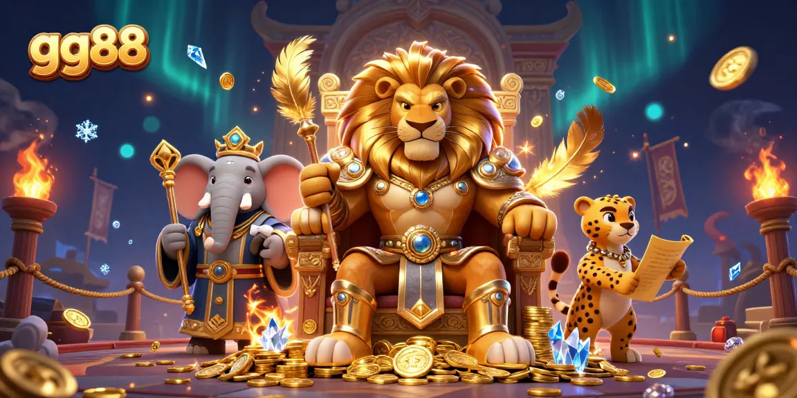 Experience thrilling action at gg88 with a vibrant 3D scene showcasing a lion king, elephant advisor, and cheetah messenger.