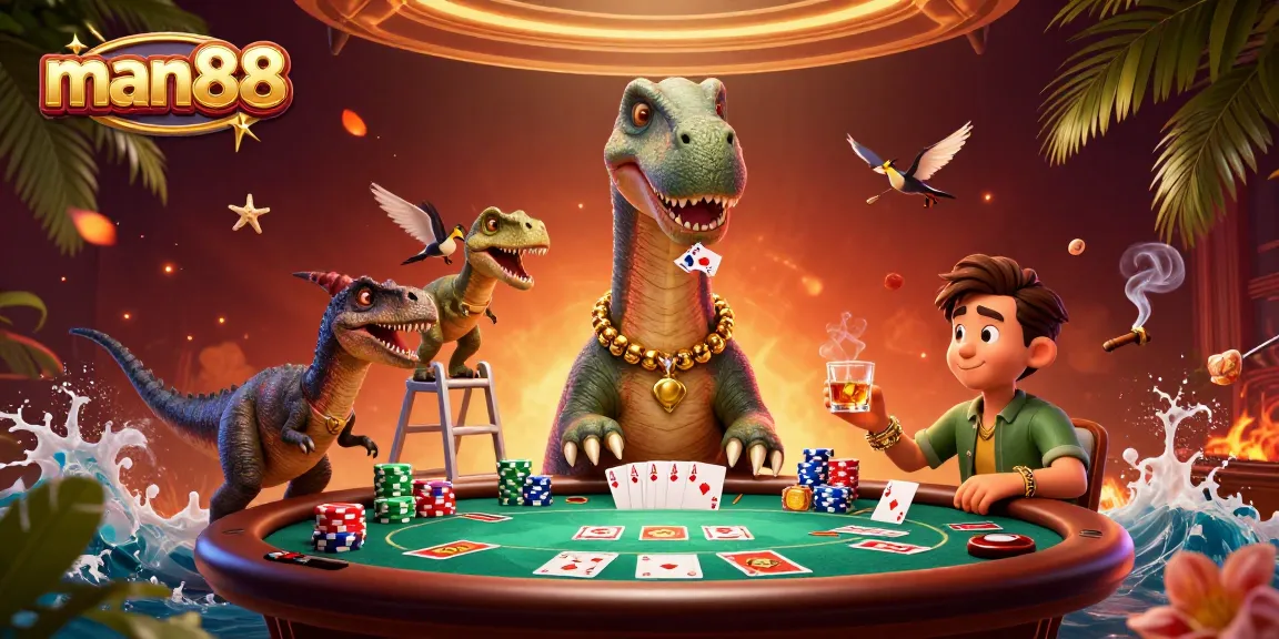 Join the action with man88 at this vibrant casino scene showcasing animated characters and poker elements.