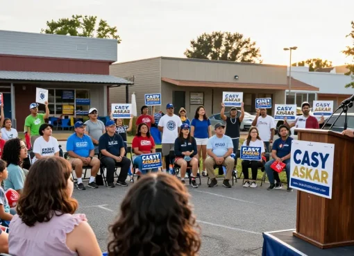 Voters at a political rally discussing Casey Askar's campaign issues.