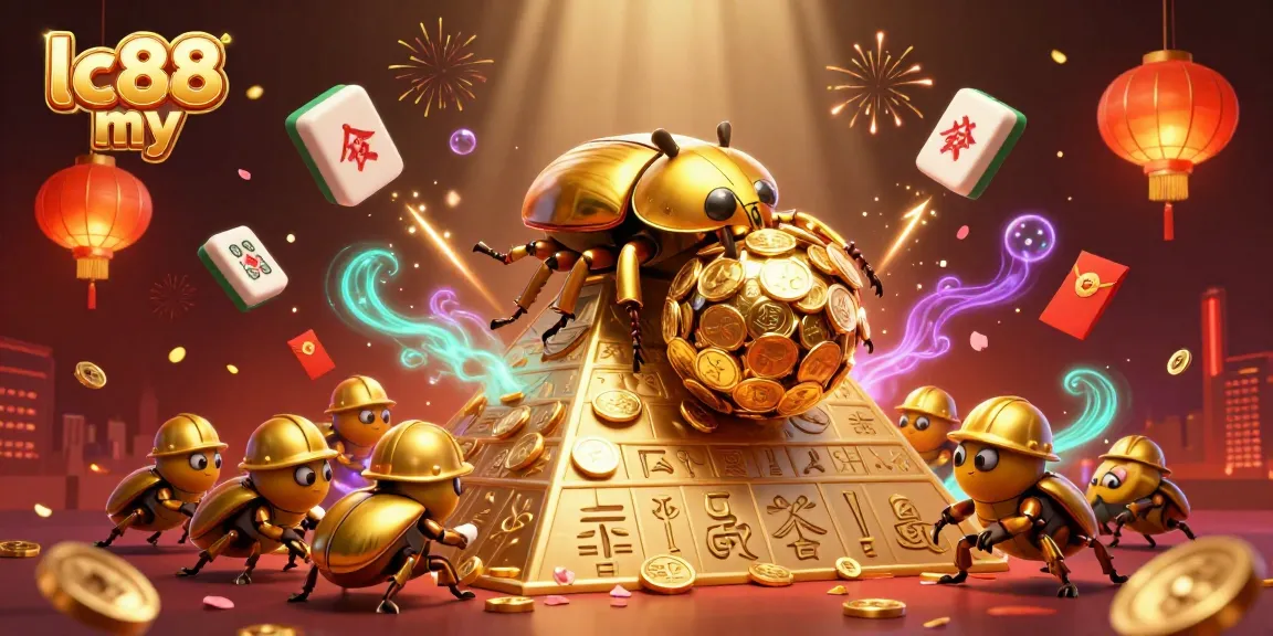 Experience exciting gameplay at lc88 my with golden beetles rolling coins in a vibrant casino atmosphere.