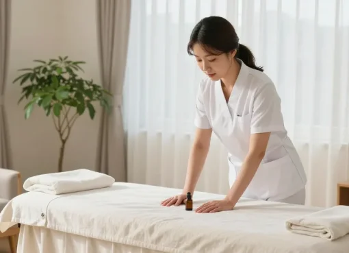 부평출장마사지 service setup in a tranquil home environment, featuring a professional massage therapist preparing for a session.