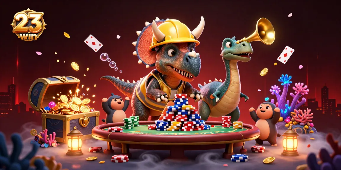 Engage with the thrilling 23win poker scene showcasing vibrant characters and dynamic gambling elements.