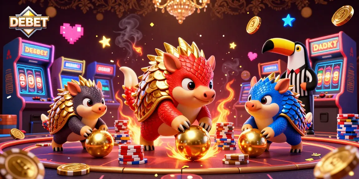 Engage in thrilling DEBET slots with rival pangolins rolling golden balls among poker chips.