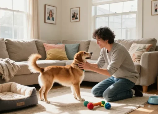 Engaging moment showcasing the rokok88 super lifestyle of pet care with a loving owner and happy dog.