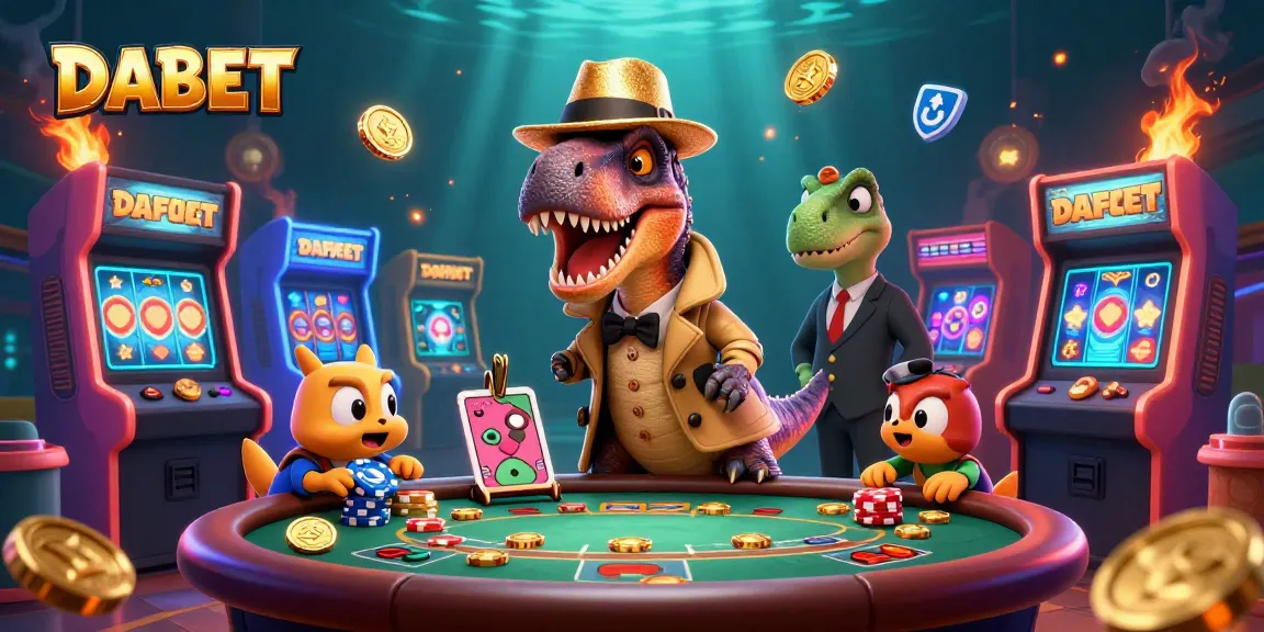 DABET cartoon velociraptor and stegosaurus characters playing blackjack amidst colorful casino elements.