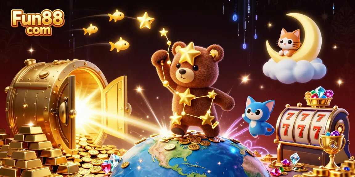 Engage with Fun88 com's exciting slots scene featuring a starry bear collecting coins from the earth.
